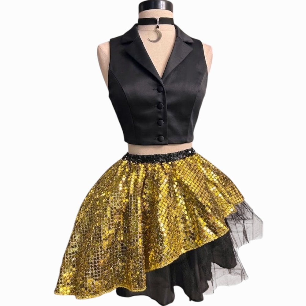 Gold Sequin Multifunctional Skirt Cape High Low Costume Accessory Stretchy